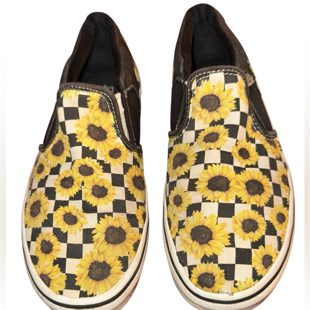 Girls-VANS-Asher Sunflower Black White Check Slip On Shoes Missy-Size 6 Preowned